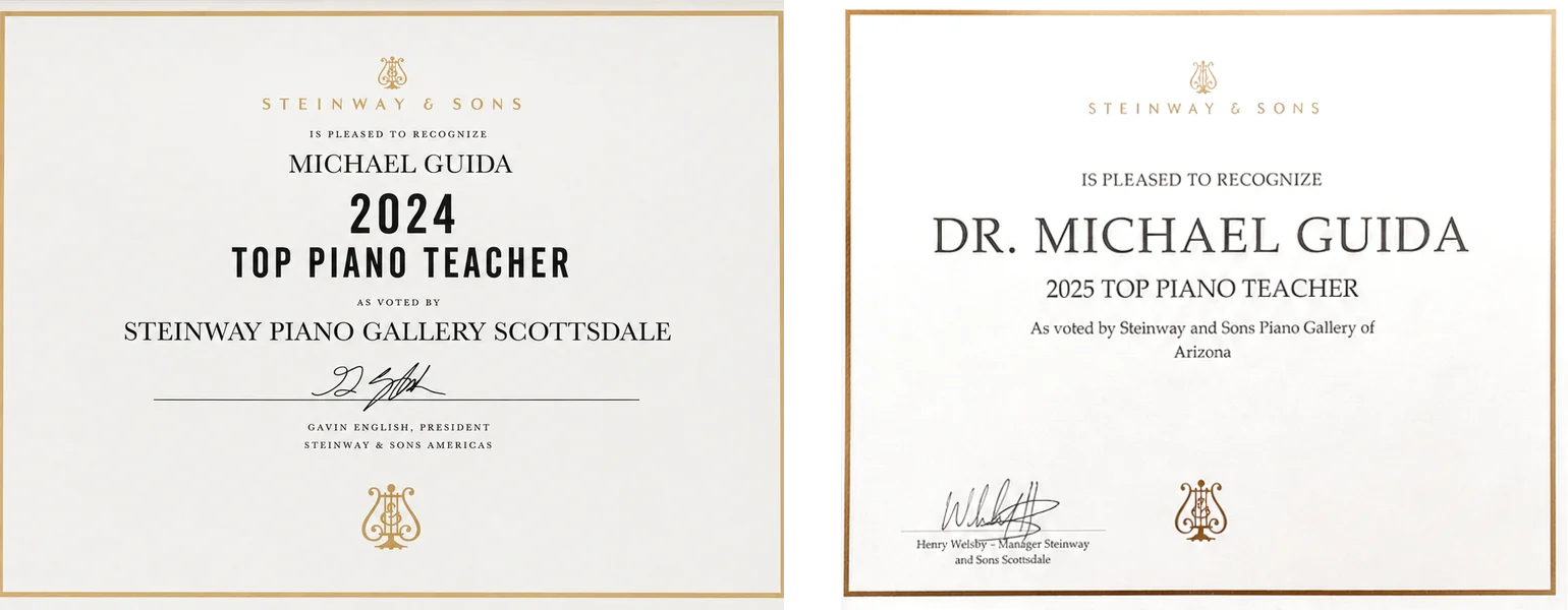 Steinway & Sons Top Piano Teacher certificates awarded to Dr. Michael Guida in 2024 and 2025